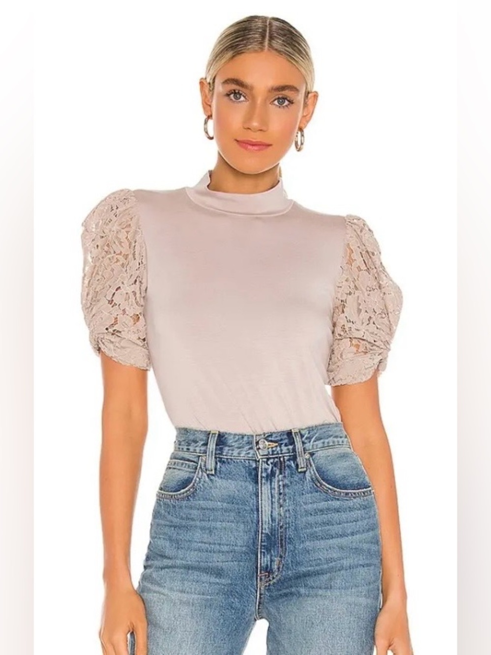 Generation Love Taupe Alanna‎ Combo Lace Puff Short Sleeve Shirt Top Size Small
